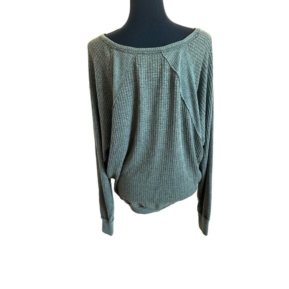 We The Free Olive Green Thermal Waffle Knit Sweater Jersey S Oversized Casual - Picture 3 of 11